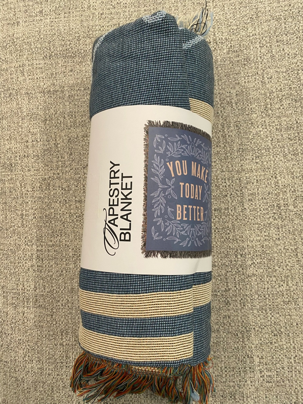 Blue Patterned Fringe Throw Blanket / Tapestry Blanket